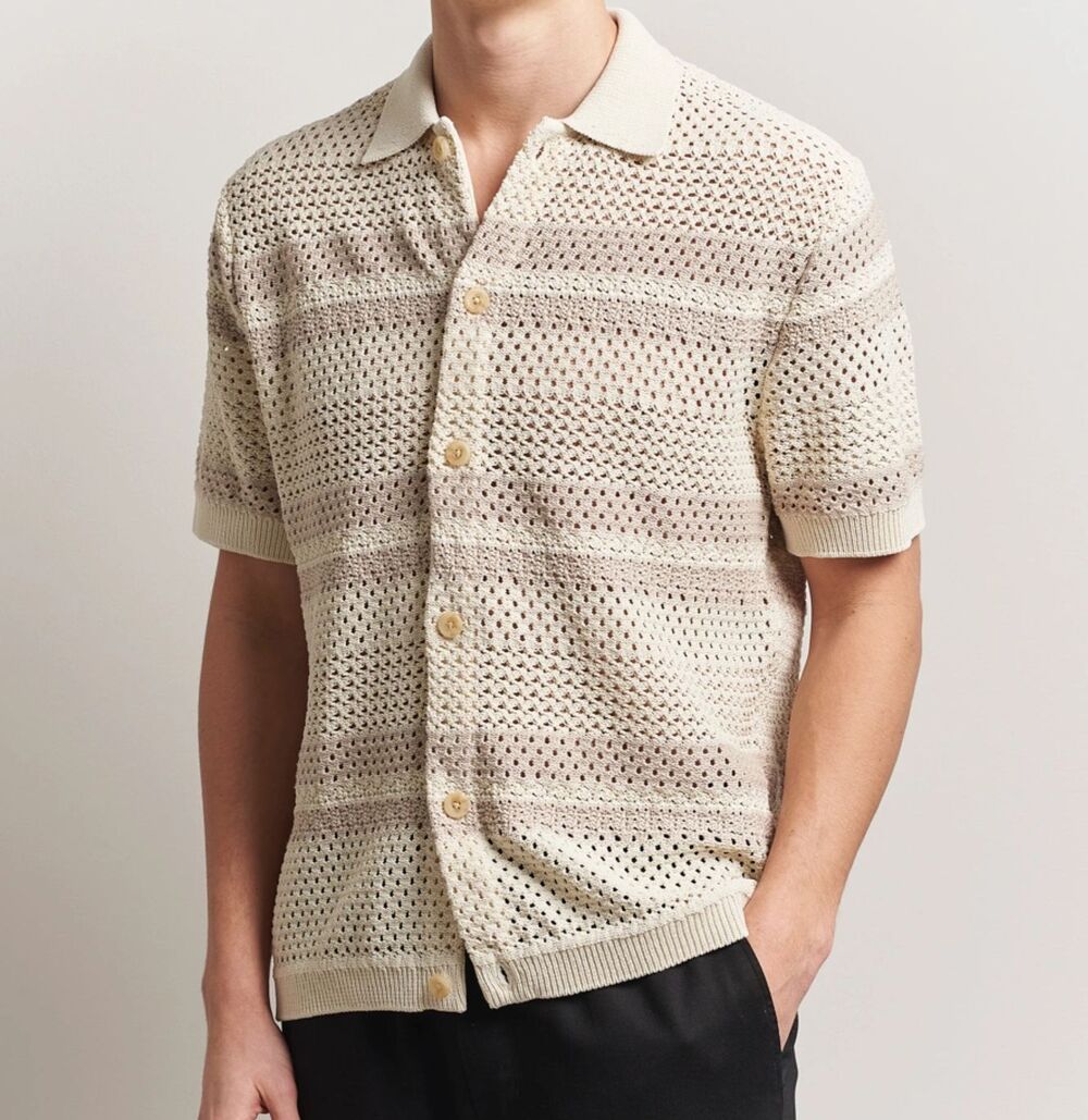 LES DEUX Shirt Mens Medium Cream Stripe Button Up Sheer Knit GIANNI $199